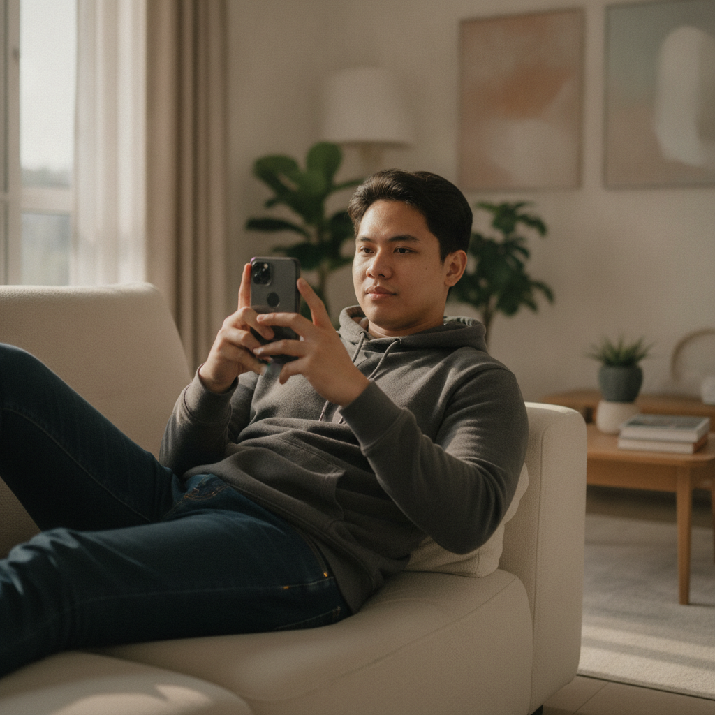 Filipino player using smartphone to access online casino at home